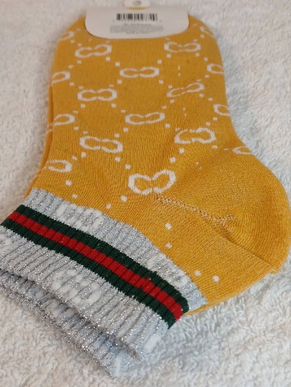 Yellow Patterned Women's Ankle Socks with Metallic Trim